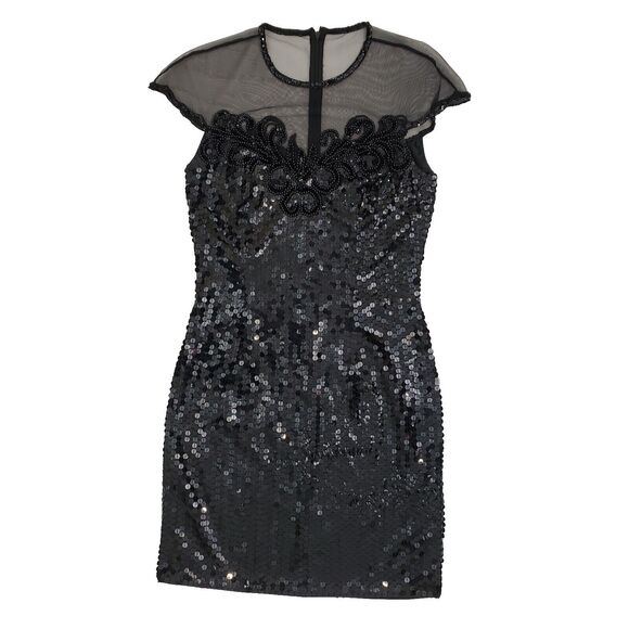 Vtg Nite Line Sheer Sequin Sparkly Dress Beaded Black 8 Taylor Swift Bad Rep Era - Picture 1 of 12
